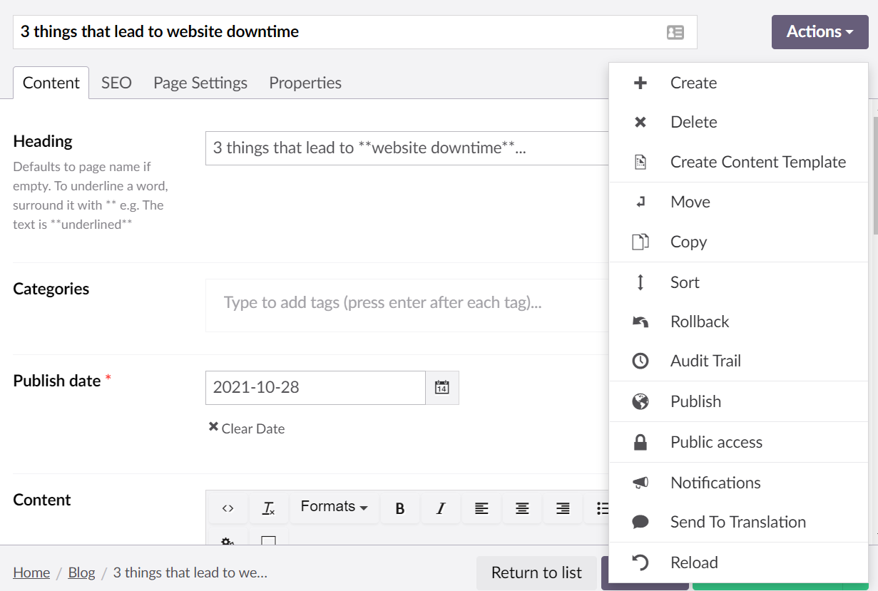 Umbraco CMS actions interface